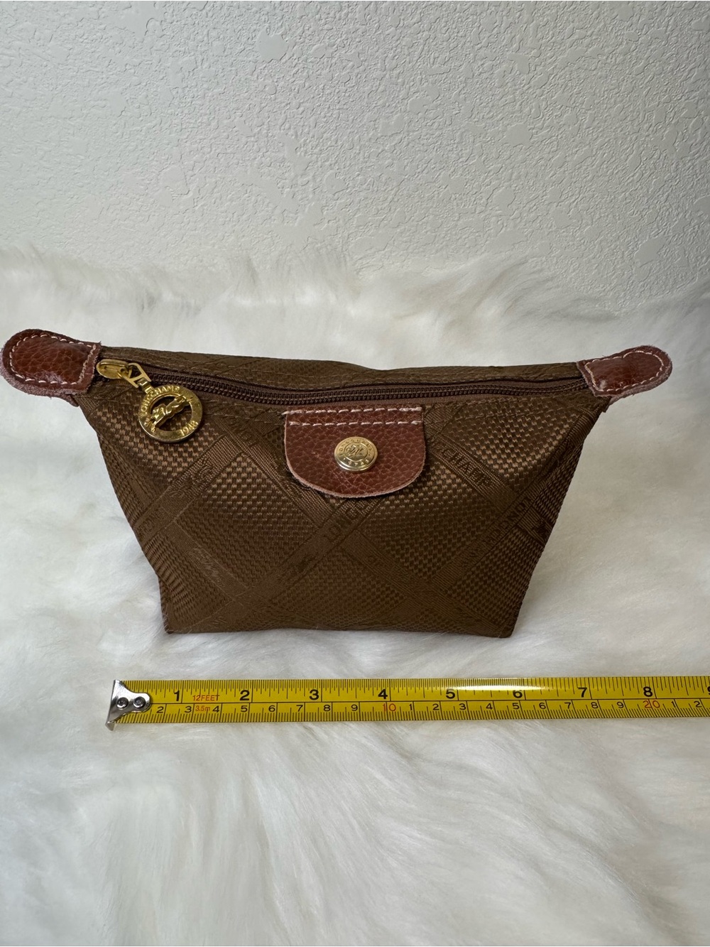 Longchamp Brown Quilted Leather-Trim Cosmetic Pouch